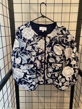 Time and Tru Navy Quilted Jacket with White Floral Trim NWOT